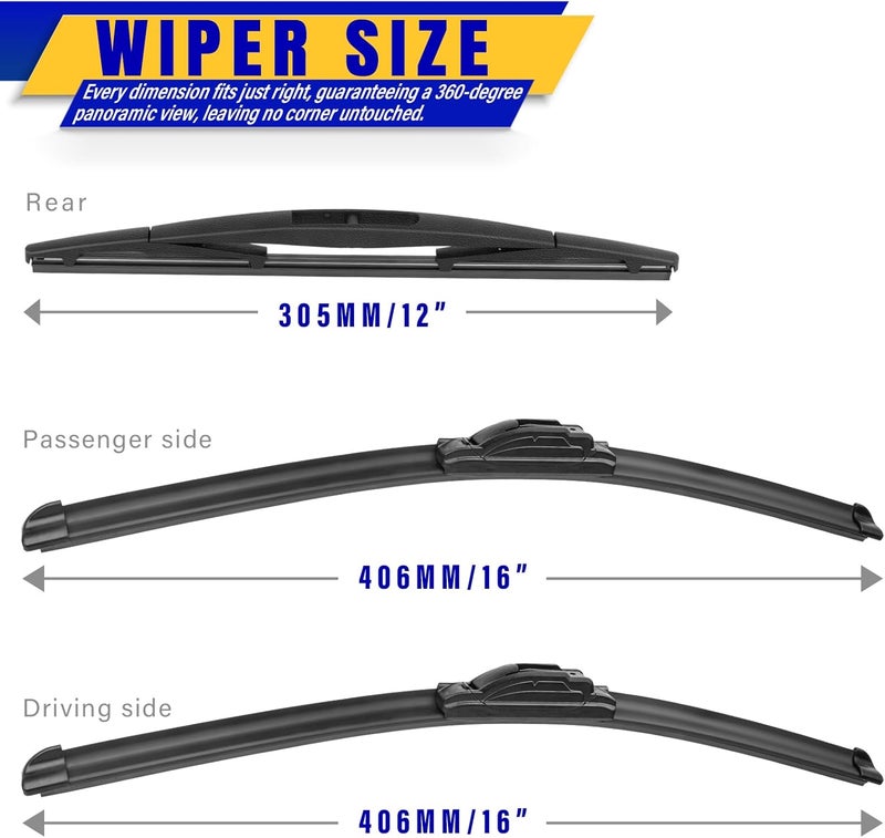 Rooppa 3 wipers Replacement for 2018-2023 Jeep wrangler JL, Windshield Wiper Blades Original Equipment Replacement - 16"/16"/12" (Set of 3) U/J HOOK - Image 2